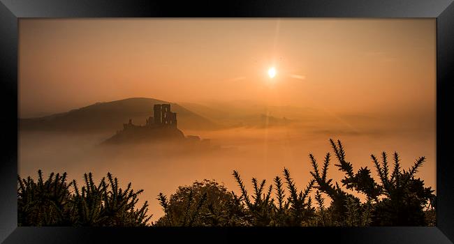 Misty Sunrise at Corfe Castle Framed Print by Kevin Browne