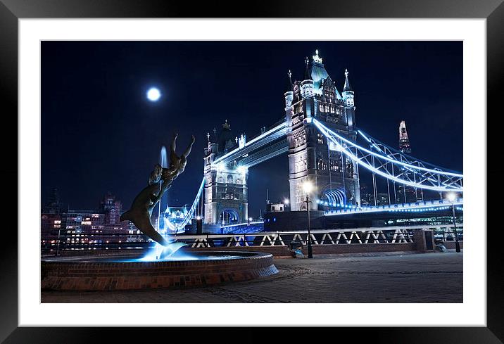 London Tower Bridge with dolphin statue Framed Mounted Print by John Ly