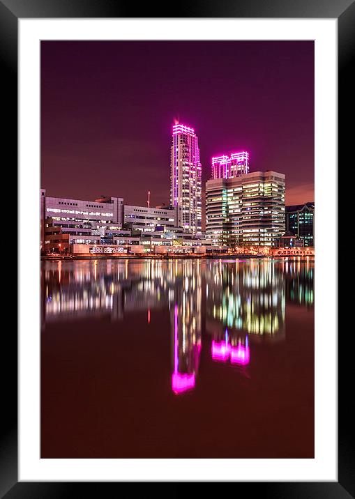 Pink lights at Canary Wharf Framed Mounted Print by John Ly