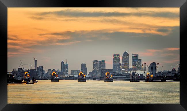  Sunset on River Thames with Canary Wharf and O2 Framed Print by John Ly