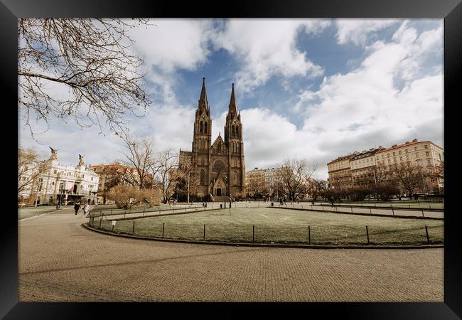 Peace Square, Church of Saint Ludmila in Prague Framed Print by John Ly