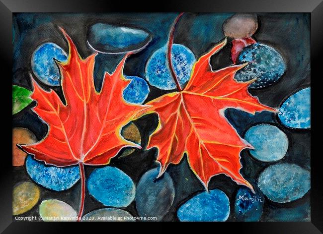 Fall Autumn Leaves on pebbles watercolor landscape Framed Print by Manjiri Kanvinde
