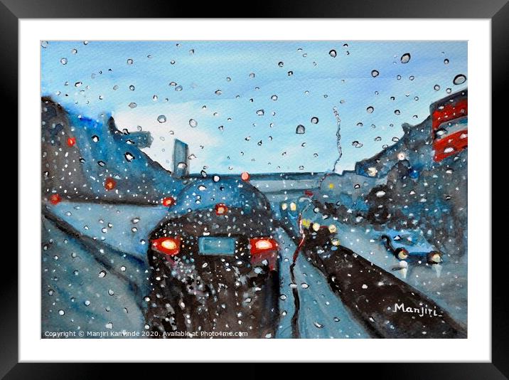 Long drive on Highway romantic rainy painting Framed Mounted Print by Manjiri Kanvinde