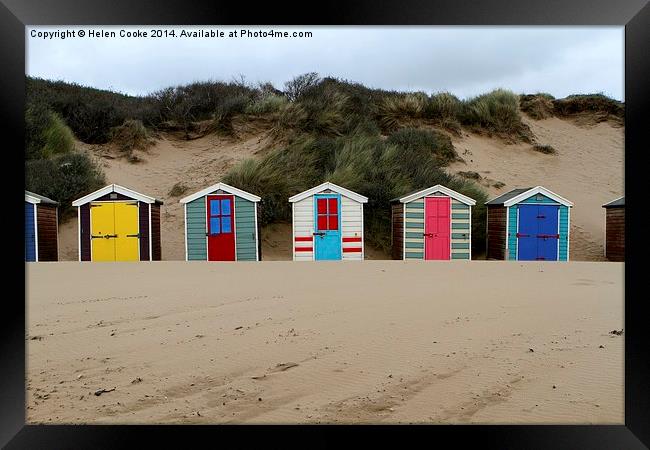 Beach huts at Saunton sands  Framed Print by Helen Cooke