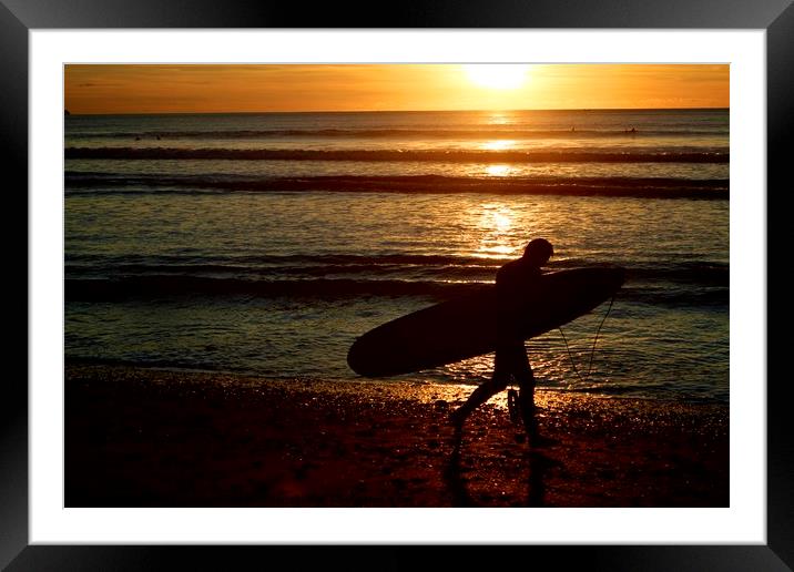 Surfer at sunset Framed Mounted Print by Helen Cooke