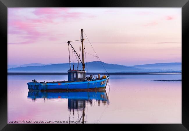 Blue boat, purple sky in Morecambe Bay Framed Print by Keith Douglas