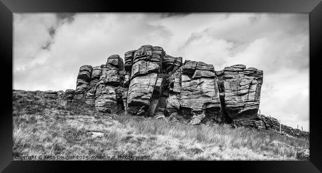 Rock outcrop in the Forest of Bowland (B/W) Framed Print by Keith Douglas