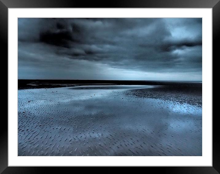 Blue reflections, winter beach Framed Mounted Print by Sally Coleman