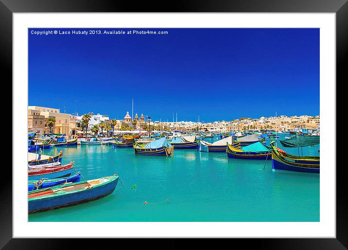 Fishing boats on turquoise sea Framed Mounted Print by Laco Hubaty