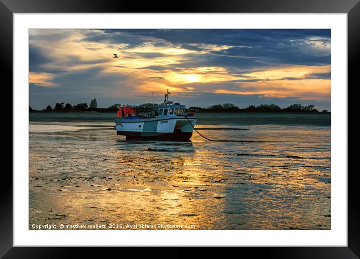 Low Tide Fishing Boat and Seagull Sunset Framed Mounted Print by matthew  mallett