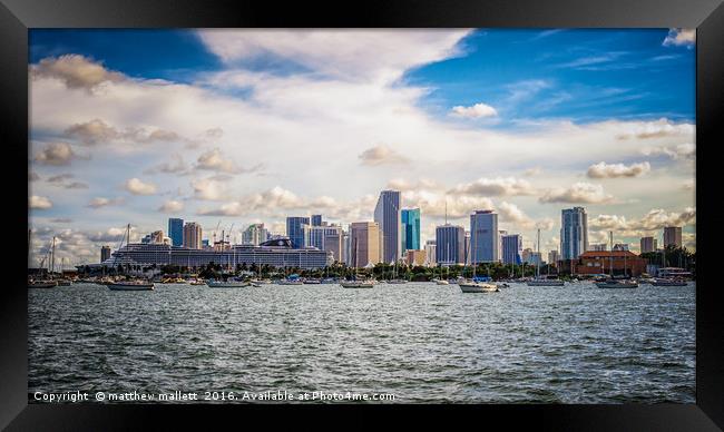 Yachts and Cruise Ship Against Miami Skyline Framed Print by matthew  mallett