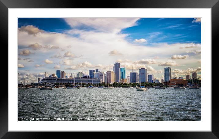 Yachts and Cruise Ship Against Miami Skyline Framed Mounted Print by matthew  mallett