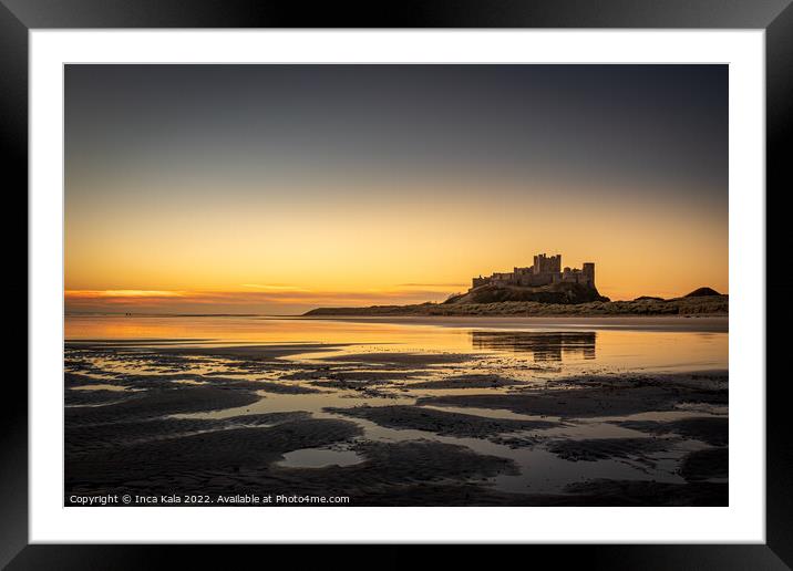 Bamburgh Castle and Beach Reflections At Sunrise Framed Mounted Print by Inca Kala