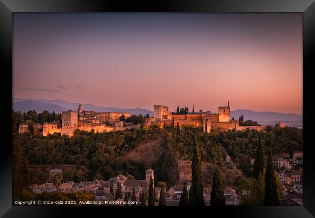 Sundown at The Alhambra Palace - Granada, Spain. Framed Print by Inca Kala