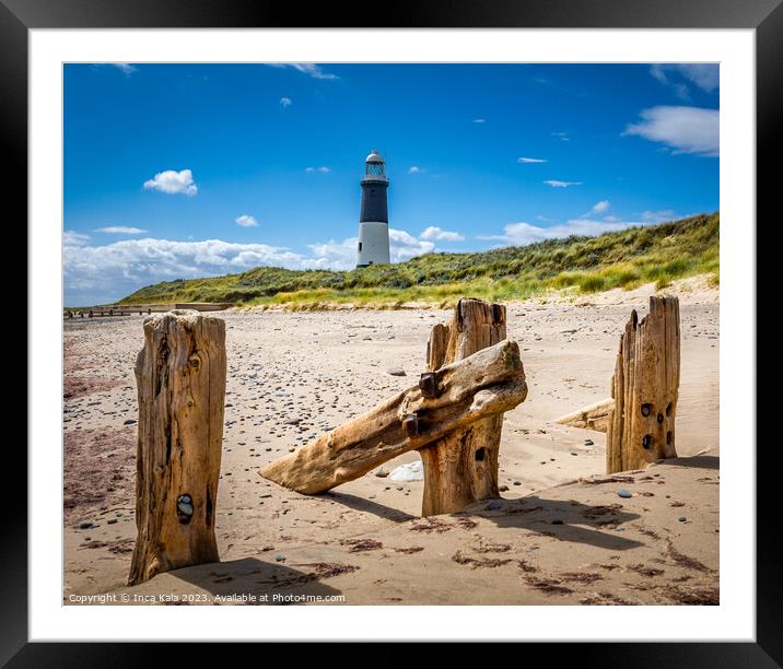Spurn Point Lighthouse and Sea Defenses Framed Mounted Print by Inca Kala