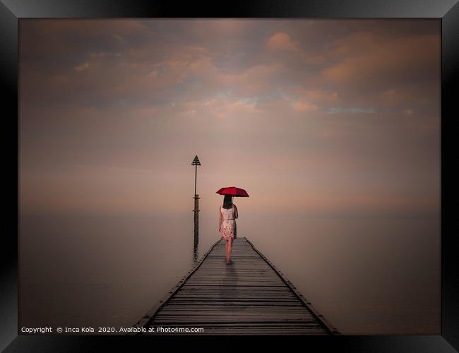 Solitude at the End of the Pier - warm tones Framed Print by Inca Kala