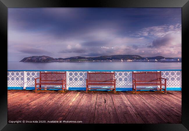 Three Benches on Llandudno Pier Framed Print by Inca Kala