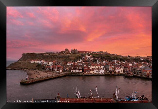 Sunset sky over Whitby Harbour Framed Print by Inca Kala