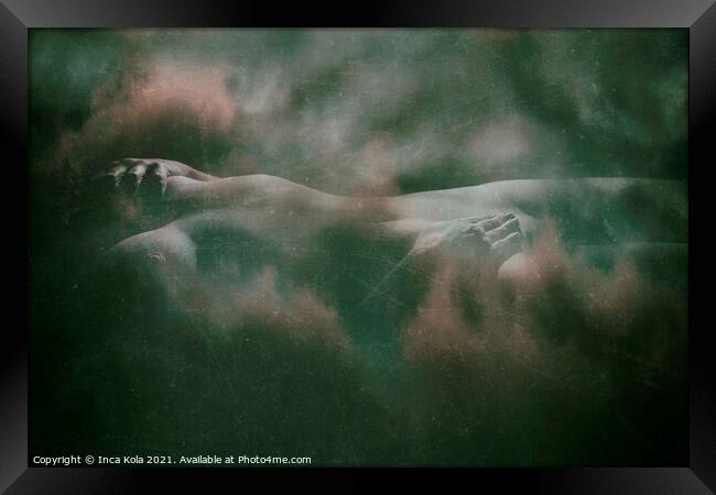 Reclining nude in a cloudscape - distressed green  Framed Print by Inca Kala