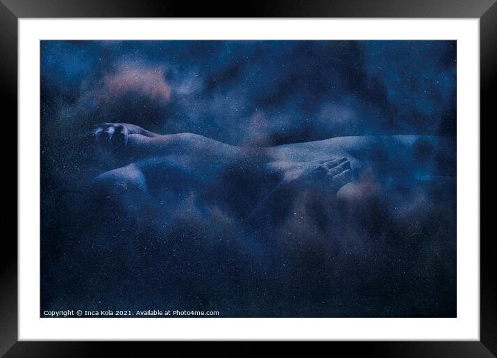 Reclining nude in a cloudscape - deep blue space Framed Mounted Print by Inca Kala