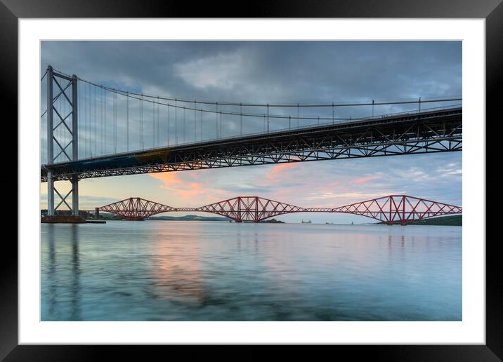 The Forth Rail Bridge framed by the Forth Road Bridge. Framed Mounted Print by Tommy Dickson