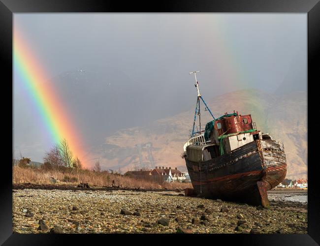 Corpach wreck with rainbow.  Framed Print by Tommy Dickson