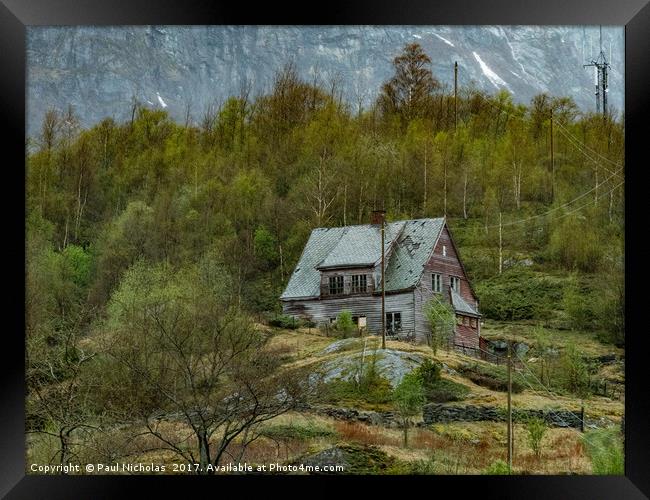 Norwegian wooden house on a mountain above Flaam Framed Print by Paul Nicholas