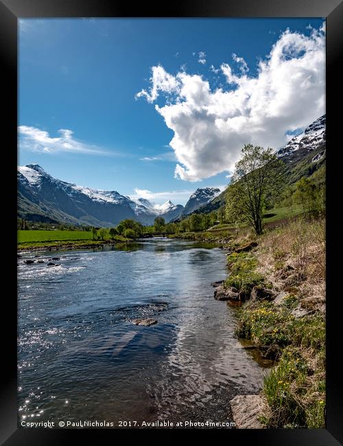 Oldeelva river on the edge of Olden in Norway Framed Print by Paul Nicholas