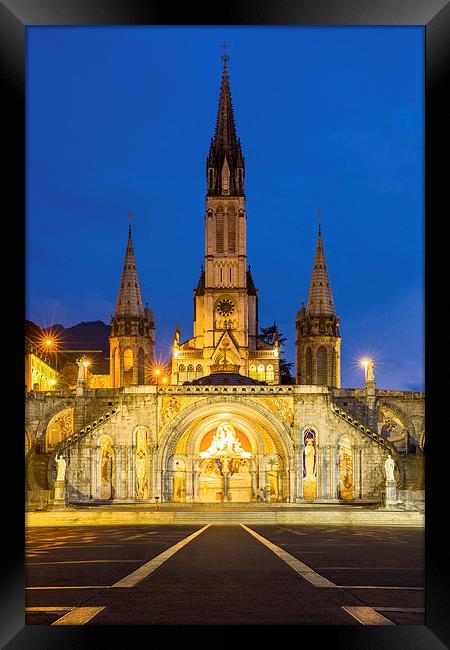 Rosary Basilica, Lourdes at dusk Framed Print by Daugirdas Racys