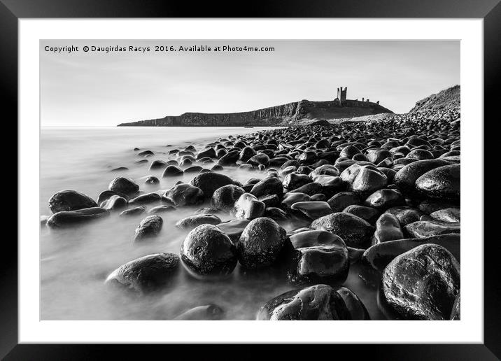 Dunstanburgh castle at dawn (black and white) Framed Mounted Print by Daugirdas Racys