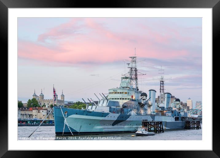 HMS Belfast on the river Thames at sunset Framed Mounted Print by Daugirdas Racys