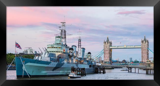 HMS Belfast and London Tower bridge at the sunset  Framed Print by Daugirdas Racys