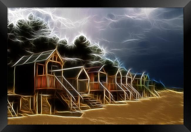Electric Beach Huts Framed Print by Mike Gorton