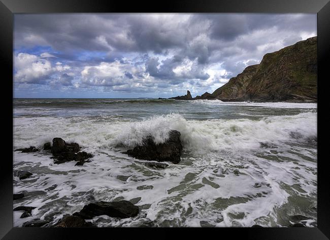 Hartland Quay with Bear Head in Distance Framed Print by Mike Gorton