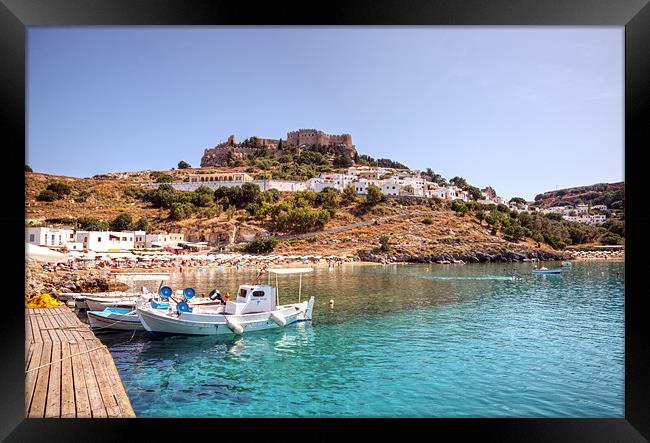 Lindos Rhodes Beach and Acropolis Framed Print by Mike Gorton