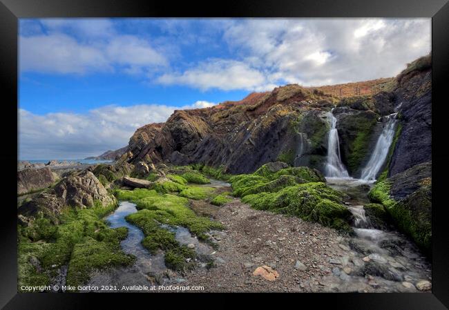 Double Waterfall in Lee Bay North Devon Framed Print by Mike Gorton