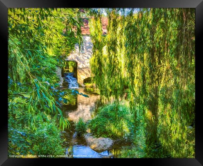 Water Mill through willow trees Framed Print by Shaun White