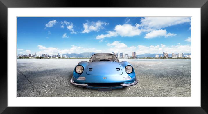 Blue Ferrari Dino, front view parked in a large square Framed Mounted Print by Guido Parmiggiani