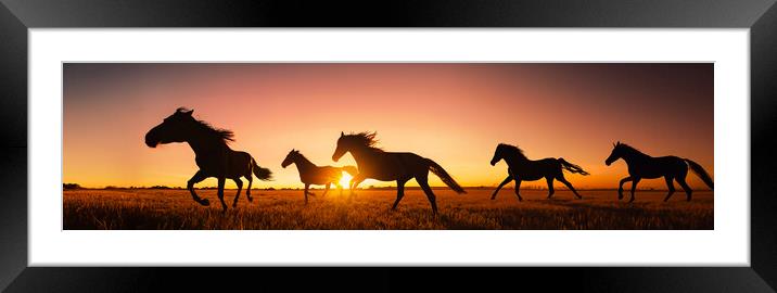 silhouette of wild horses running Framed Mounted Print by Guido Parmiggiani
