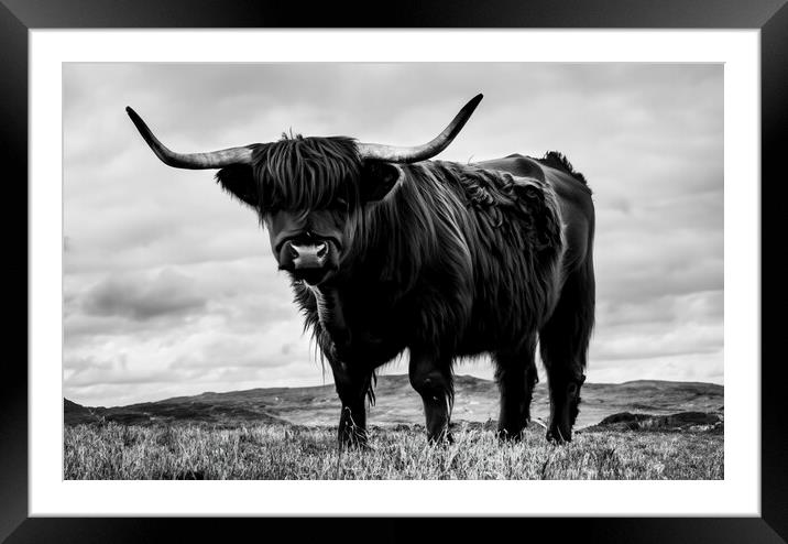 Highland Cow in black and white Framed Mounted Print by Guido Parmiggiani