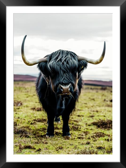 A cow standing on top of a grass covered field Framed Mounted Print by Guido Parmiggiani