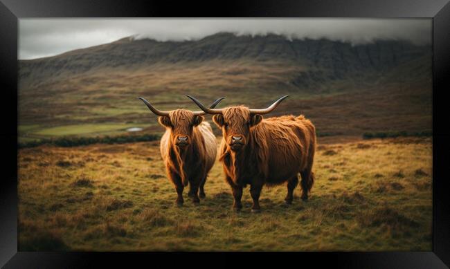 Two highland cows standing above the turf Framed Print by Guido Parmiggiani