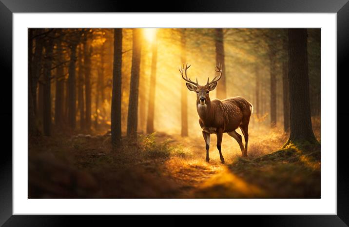 A deer standing in the woods at sunset Framed Mounted Print by Guido Parmiggiani