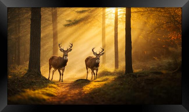 Two deer standing in the woods at sunset Framed Print by Guido Parmiggiani