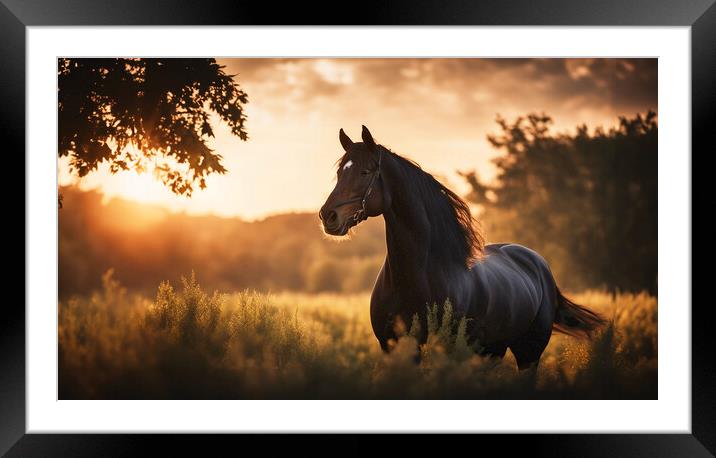 A horse standing in front of a sunset Framed Mounted Print by Guido Parmiggiani
