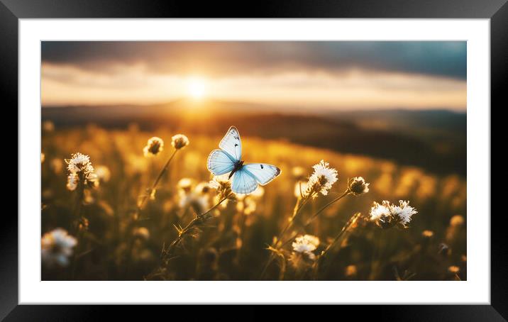 Wildflowers and butterfly at sunset. Framed Mounted Print by Guido Parmiggiani