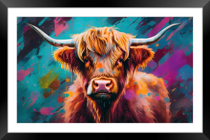 Colorful and artistic portrait of a Highland cow. Framed Mounted Print by Guido Parmiggiani