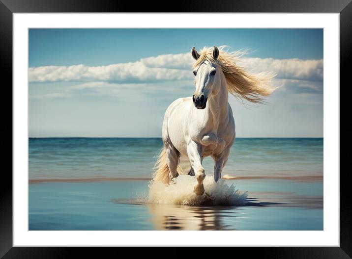 The imposing white stallion trots majestically on  Framed Mounted Print by Guido Parmiggiani