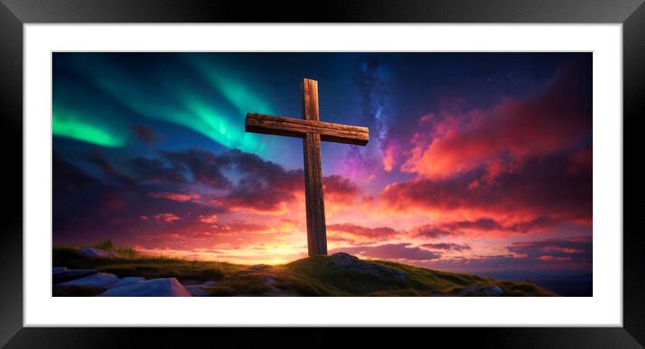 wooden religious cross on the hill with beautiful northern lights and sunset Framed Mounted Print by Guido Parmiggiani