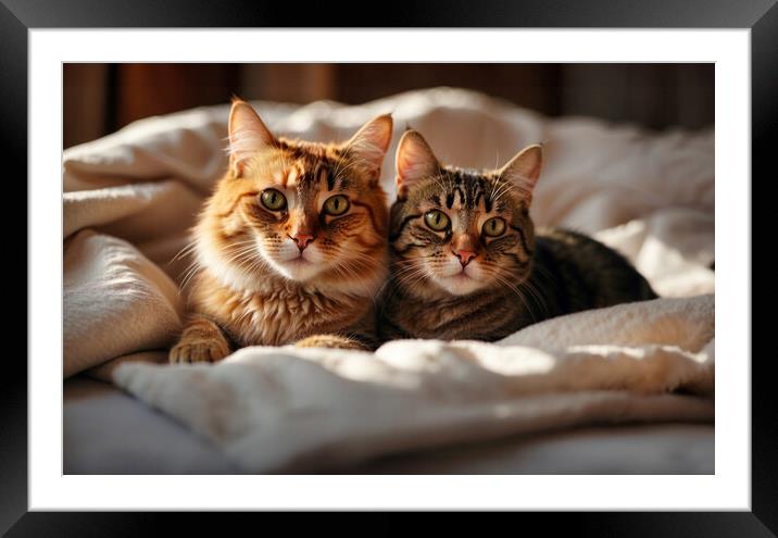 Two cute cats wrapped in a blanket on the bed Framed Mounted Print by Guido Parmiggiani